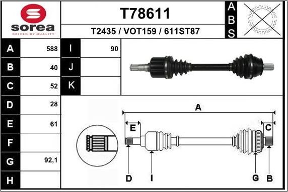 Полуось (привод в сборе, приводной вал) EAI. Артикул T78611