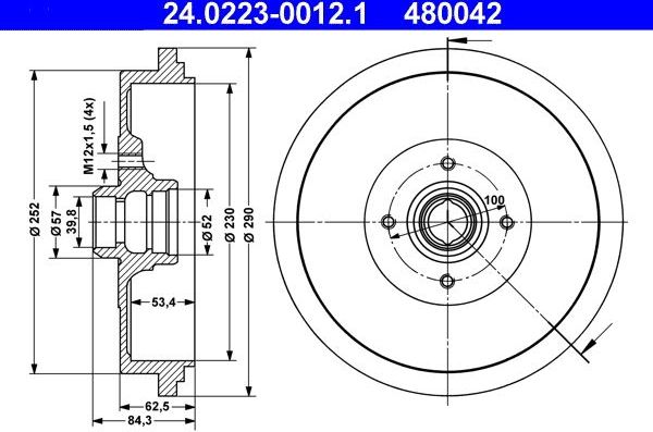 Тормозной барабан ATE задний для Volkswagen Passat B3 1988-1997. Артикул 24.0223-0012.1