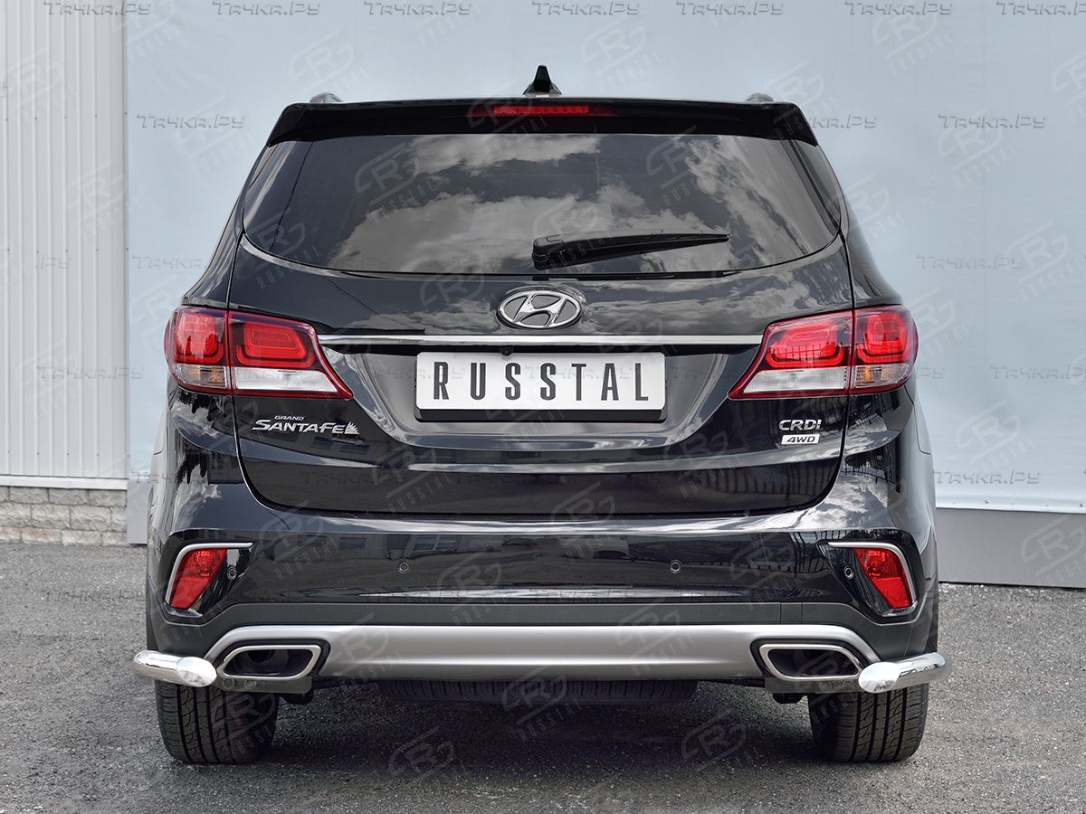 Защита RusStal заднего бампера уголки d63 (секции) для Hyundai Santa Fe Grand 2016-2026. Артикул HSFZ-002743