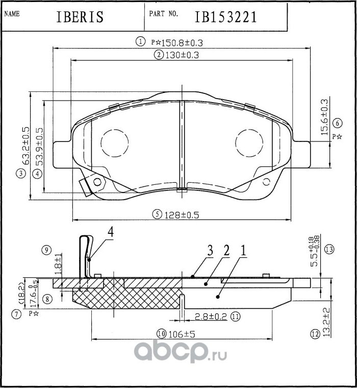Колодки тормозные передние, комплект (Iberis). Артикул IB153221
