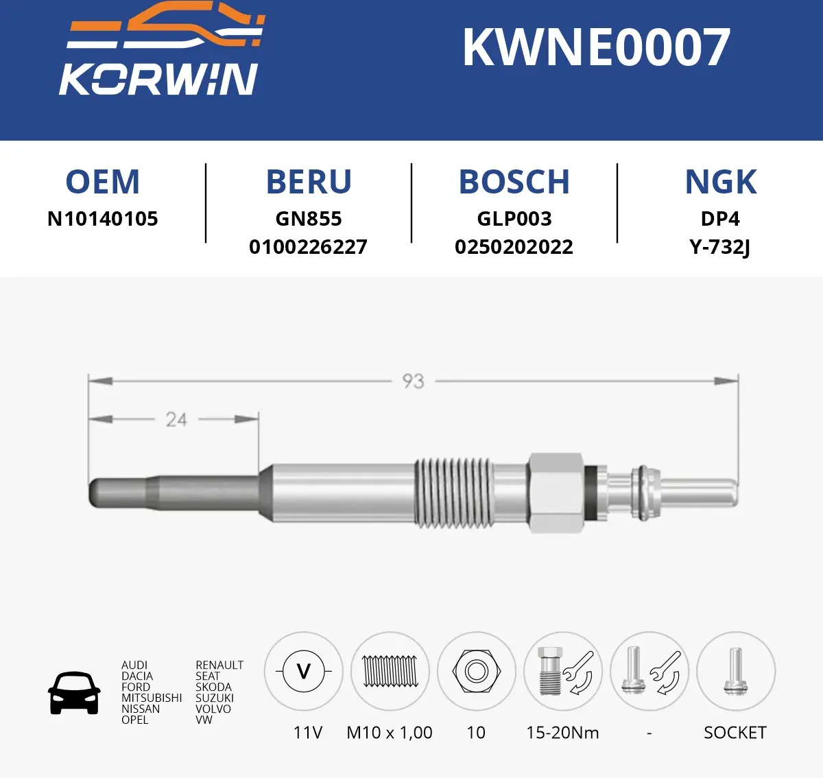 Свеча накаливания (Korwin). Артикул KWNE0007