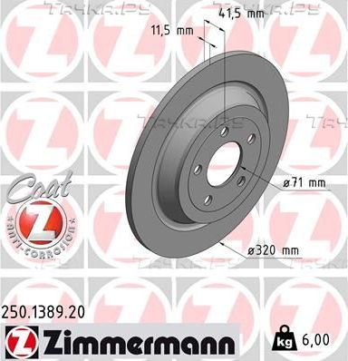Тормозной диск Zimmermann Coat Z задний для Ford Mustang VI 2015-2026. Артикул 250.1389.20