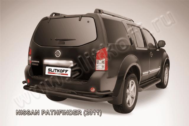 Защита Slitkoff заднего бампера d76/42 двойная ЧЕРНАЯ матовая для Nissan Pathfinder R51 2011-2014. Артикул NIP11-008B