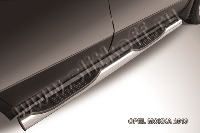 Пороги Slitkoff труба d76 с проступью для Opel Mokka 2013-2026. Артикул OPMOK13-006
