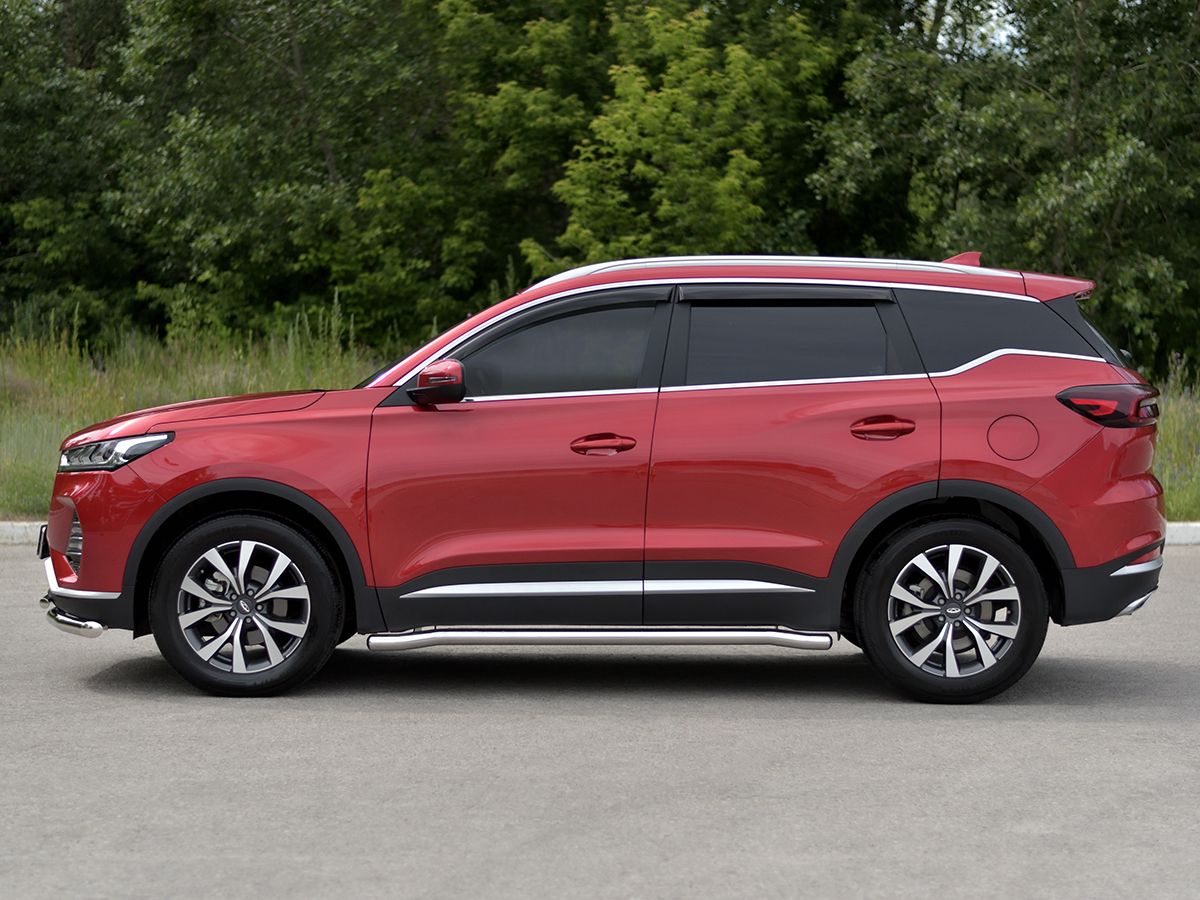 Защита порогов RusStal труба d63 секции (вариант 3) для Chery Tiggo 7 Pro 2020-2026. Артикул CHT7T-003876