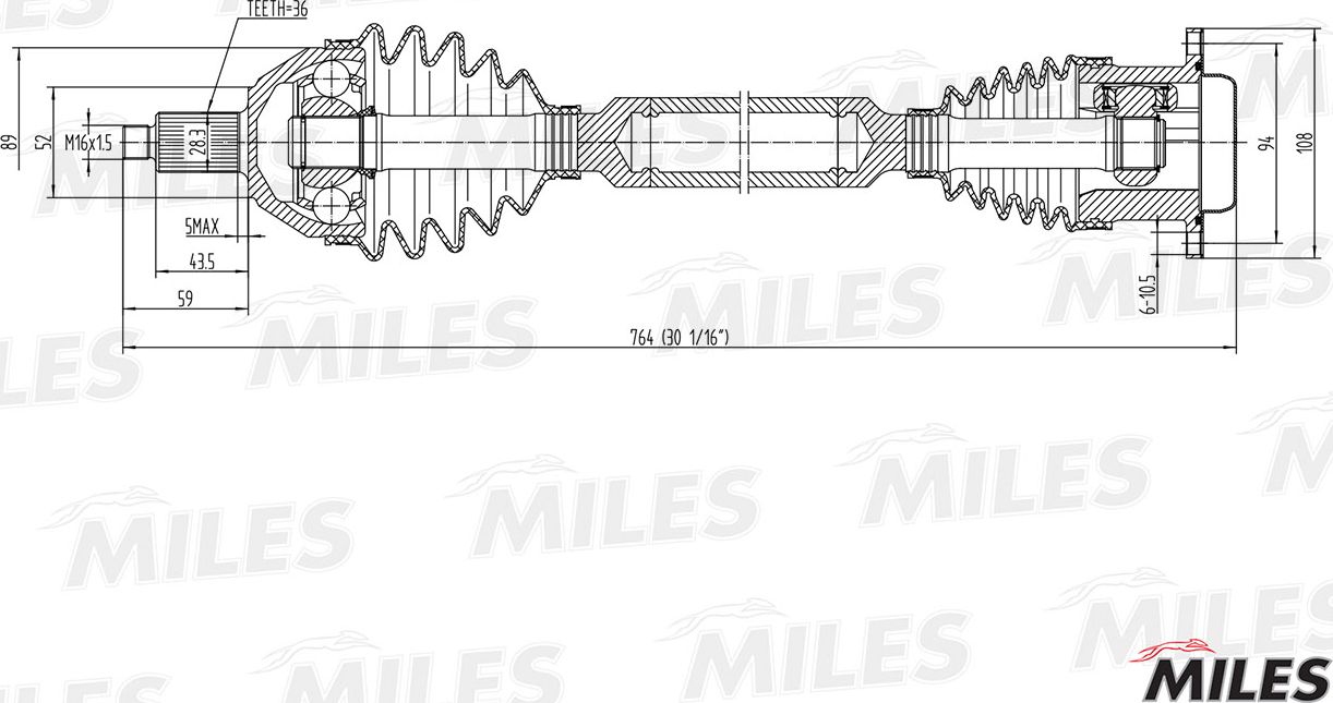 Полуось (привод в сборе, приводной вал) Miles. Артикул GC02125