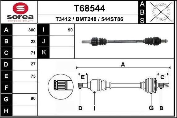 Полуось (привод в сборе, приводной вал) EAI. Артикул T68544