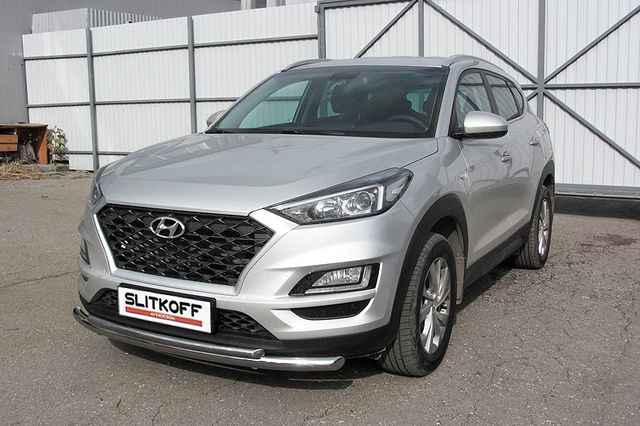 Защита Slitkoff переднего бампера d57+d42 двойная для Hyundai Tucson III рестайлинг 2018-2026. Артикул HT18002