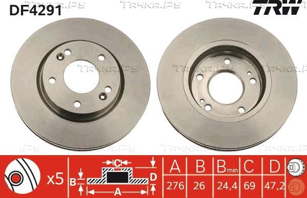 Тормозной диск TRW передний для Hyundai Santa Fe I 2001-2006. Артикул DF4291