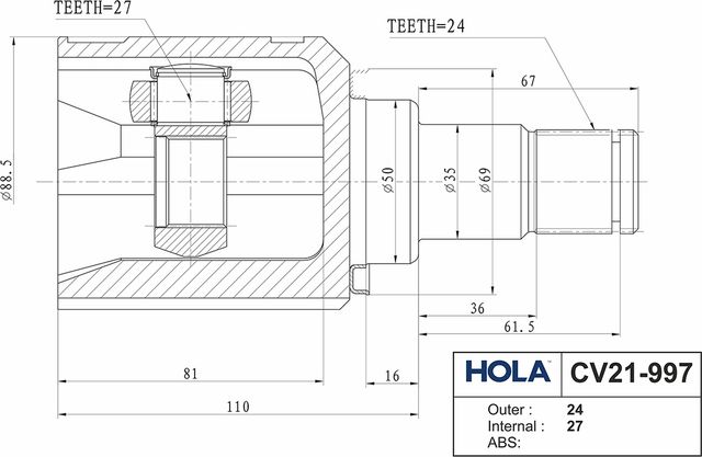 Шрус внутренний (граната) HOLA. Артикул CV21-997