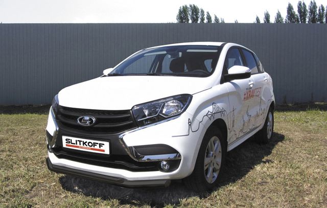 Защита Slitkoff переднего бампера d57 + d42 двойная для Lada Xray 2015-2026 Черная. Артикул LadXR003B