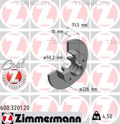 Тормозной диск Zimmermann Coat Z задний для Volkswagen Golf III 1991-1999. Артикул 600.3201.20