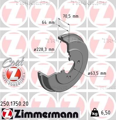 Тормозной барабан Zimmermann Coat Z задний для Ford B-MAX 2012-2018. Артикул 250.1750.20