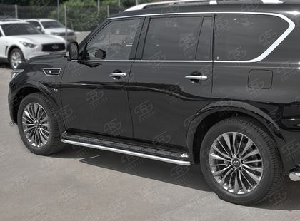 Защита RusStal порогов d42 (секции) для Infiniti QX80 I рестайлинг 2018-2025. Артикул IQX8T-003012