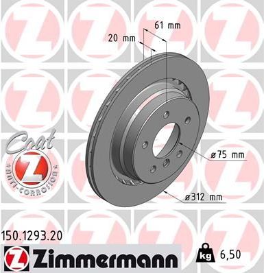 Тормозной диск Zimmermann Coat Z задний правый для BMW Z3 I 1997-2003. Артикул 150.1293.20