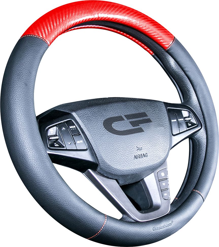 Оплётка на руль CarFashion Carbon CF (размер M, экокожа, цвет ЧЕРНЫЙ/КРАСНЫЙ). Артикул 31458
