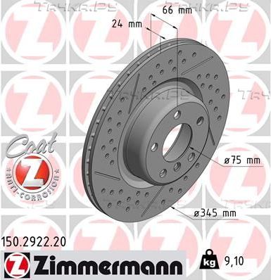Тормозной диск Zimmermann Coat Z задний для BMW 1 II (F20/F21) 2011-2019. Артикул 150.2922.20