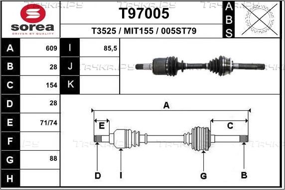 Полуось (привод в сборе, приводной вал) EAI. Артикул T97005
