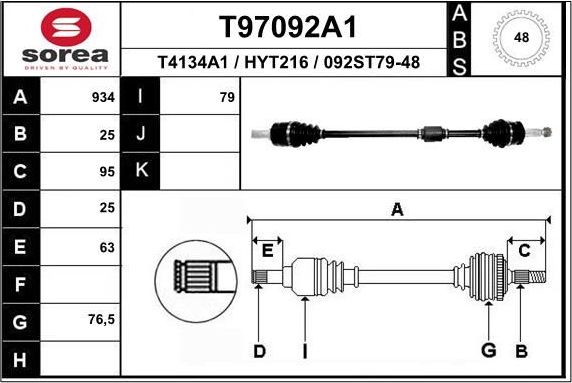 Полуось (привод в сборе, приводной вал) EAI. Артикул T97092A1