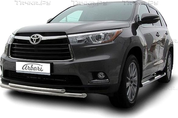 Защита Arbori переднего бампера d57+d42 двойная радиусная для Toyota Highlander III 2014-2026. Артикул AFZDATHI1404