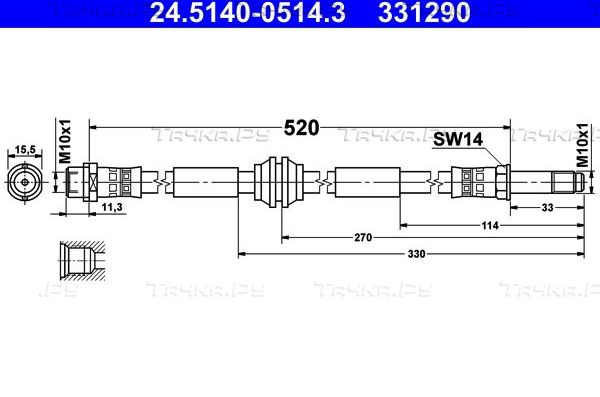 Тормозной шланг ATE передний для Volkswagen Transporter T5 2003-2015. Артикул 24.5140-0514.3