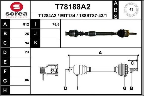 Полуось (привод в сборе, приводной вал) EAI. Артикул T78188A2