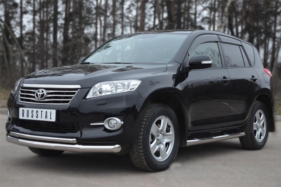 Защита порогов RusStal труба d76 с накладками (вариант 3) для Toyota RAV4 III 2010-2012 (обычная база). Артикул TRT-1001513