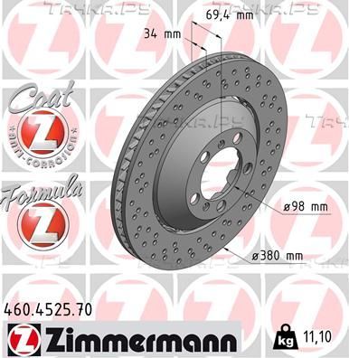 Тормозной диск Zimmermann Formula Z Coat Z передний правый для Porsche 911 VII (991) 2013-2026. Артикул 460.4525.70