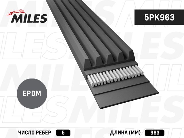 Приводной ремень поликлиновой Miles (EPDM (Этилен-пропиленовый каучук)) для Lifan Celliya (530) 2014-2018. Артикул 5PK963
