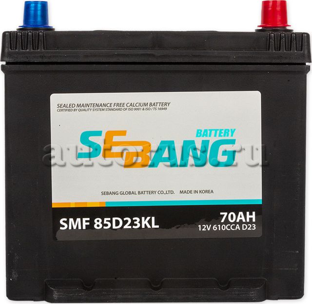 АККУМУЛЯТОР SEBANG SMF 70 А/Ч ОБРАТНАЯ R+ EN 610A 232X175X225 SMF 85D2. Артикул SMF85D23KL