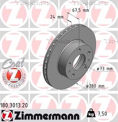 Тормозной диск Zimmermann Coat Z передний для Peugeot Boxer III 2006-2026. Артикул 180.3013.20