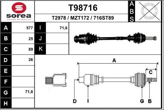 Полуось (привод в сборе, приводной вал) EAI. Артикул T98716
