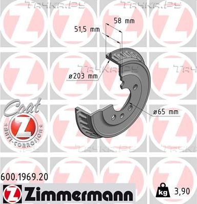 Тормозной барабан Zimmermann Coat Z. Артикул 600.1969.20