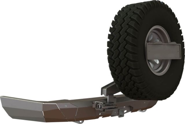 Бампер силовой STC тип Revo задний для Toyota Land Cruiser Prado 150 2017-2026 с квадратом под фаркоп, кронштейном крепления запасного колеса по центру и кронштейном крепления гос номера. Артикул STC-TLCP150/17-BRR-C1