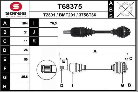 Полуось (привод в сборе, приводной вал) EAI. Артикул T68375
