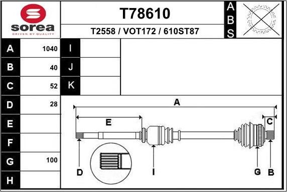 Полуось (привод в сборе, приводной вал) EAI. Артикул T78610
