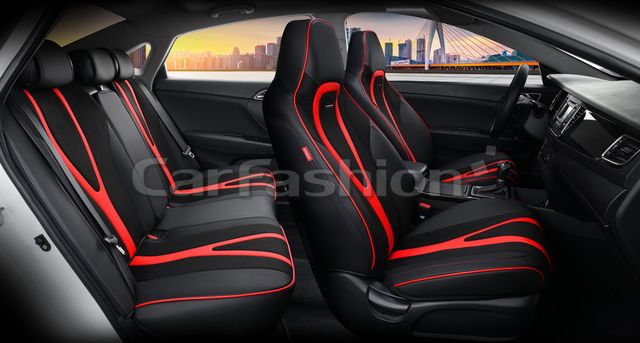 Чехлы универсальные каркасные CarFashion 5D Integral Plus на сидения авто, цвет Черный/Черный/Красный. Артикул 27244