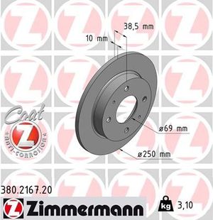 Тормозной диск Zimmermann Coat Z задний для Mitsubishi Colt VI (Z20/Z30) 2004-2012. Артикул 380.2167.20