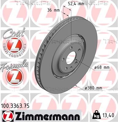 Тормозной диск Zimmermann Formula Z Coat Z передний для Audi SQ5 I (8R) 2012-2017. Артикул 100.3363.75