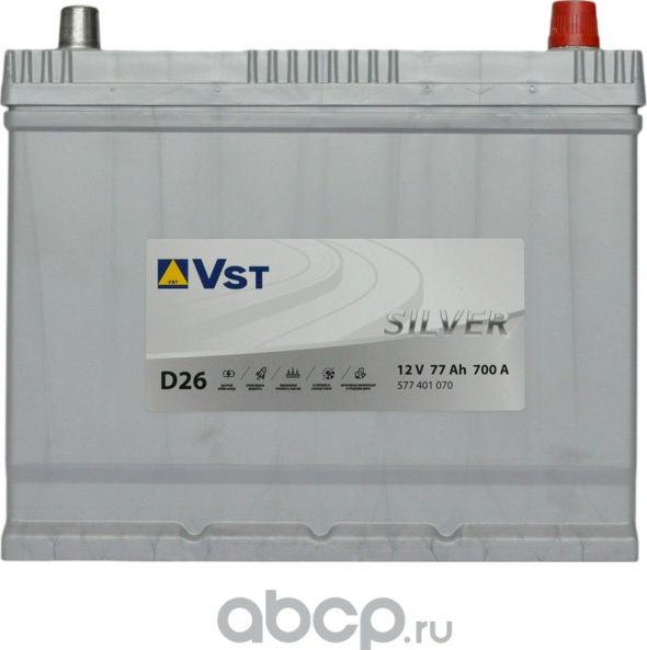 АККУМУЛЯТОРНАЯ БАТАРЕЯ! 6СТ-77 SILVER 77AH 700A + СПРАВА 258X174.5X225/ (VST). Артикул 577401070