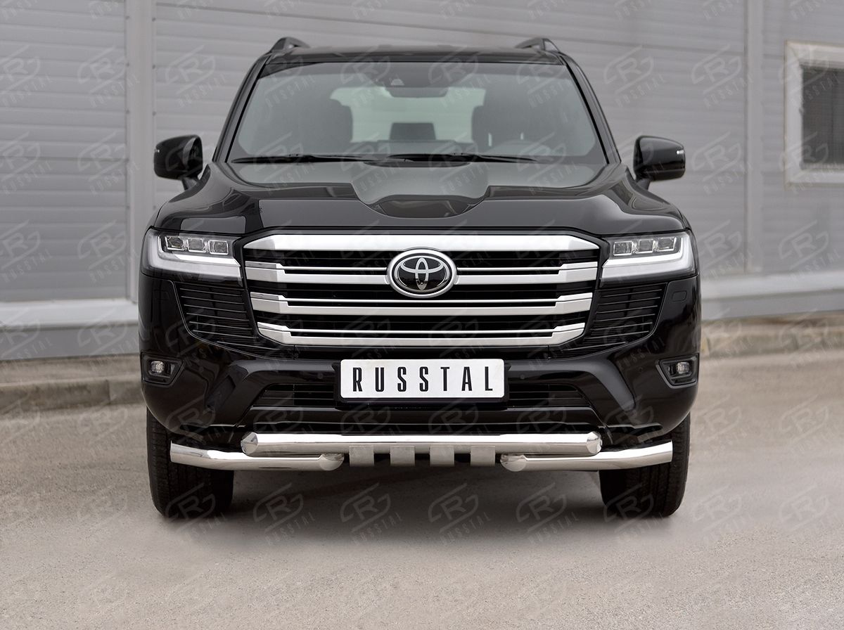 Защита RusStal переднего бампера d76 (секции) d76 (уголки+клыки) для Toyota Land Cruiser 300 2021-2026. Артикул TLCZ-003782