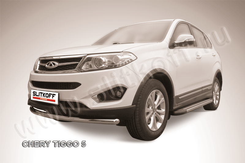 Защита Slitkoff переднего бампера d57 радиусная для Chery Tiggo 5 2014-2020. Артикул CT5-003
