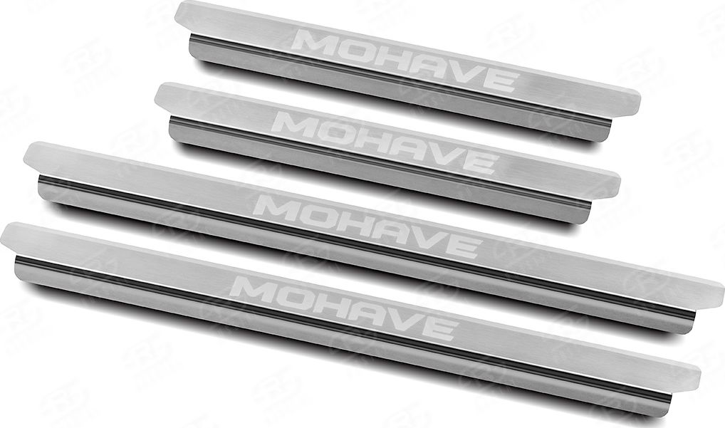 Накладки RusStal на пороги (лист нерж. шлифованный с надписью) для Kia Mohave I рестайлинг 2 2020-2026. Артикул KIMOH20-03