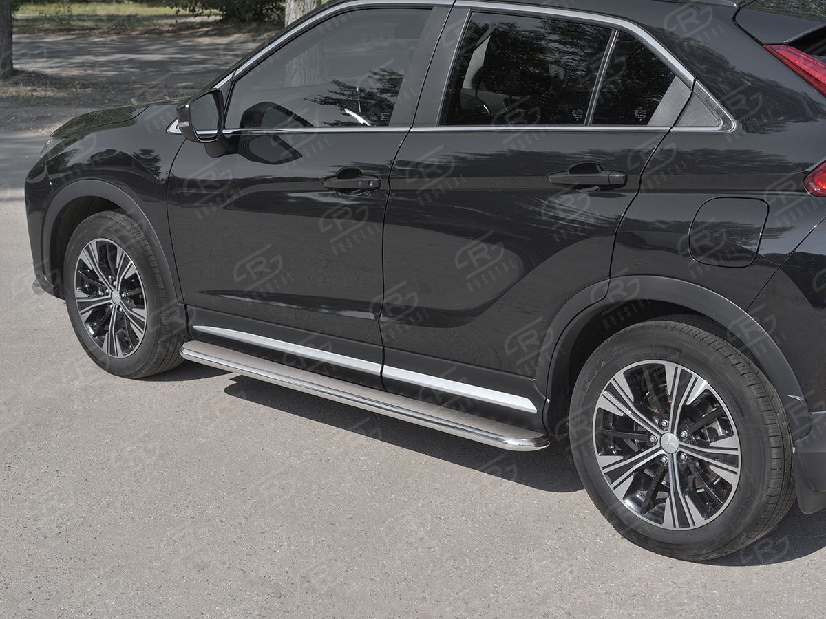 Защита порогов RusStal труба d42 с листом (Лист нерж, проф. нерж) (Вариант 3) для Mitsubishi Eclipse Cross 2018-2026. Артикул MEL-0030473