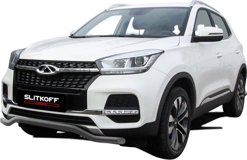 Защита Slitkoff переднего бампера d42 волна для Chery Tiggo 4 2017-2026 Серебристая. Артикул CT4-003S