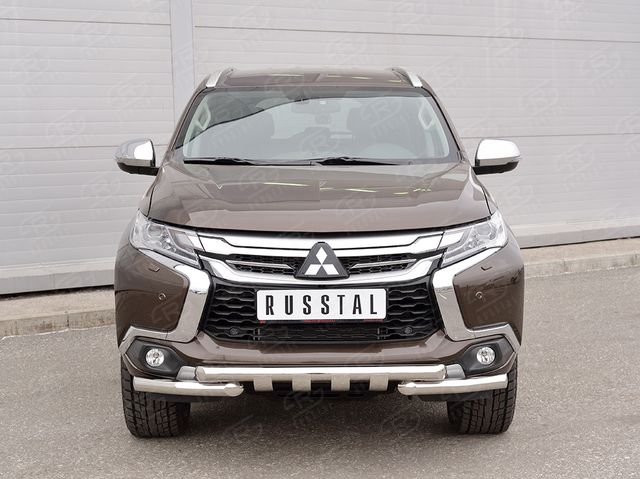 Защита RusStal переднего бампера d63 дуга-d63 уголки+клыки для Mitsubishi Pajero Sport III 2016-2020. Артикул MPJSZ-002486