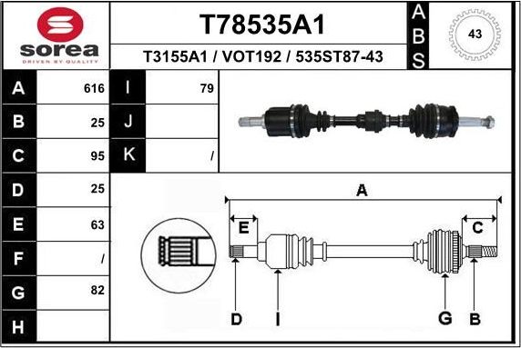 Полуось (привод в сборе, приводной вал) EAI. Артикул T78535A1