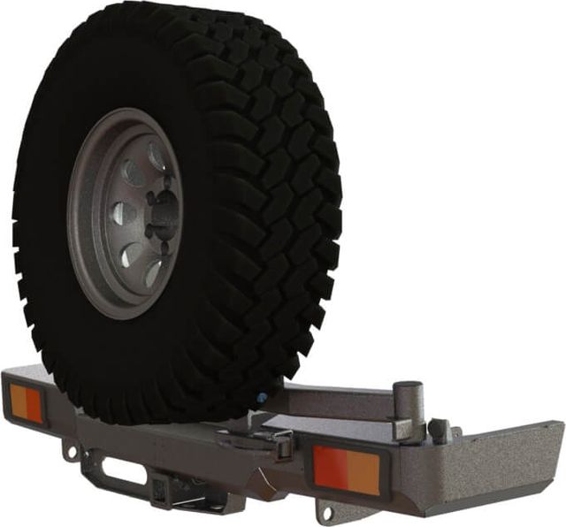 Бампер силовой задний STC для Toyota Land Cruiser 78 2007-2026 с квадратом под фаркоп, площадкой для лебедки и кронштейном крепления запасного колеса справа. Артикул STC-TLC78/07-BR-W-C2