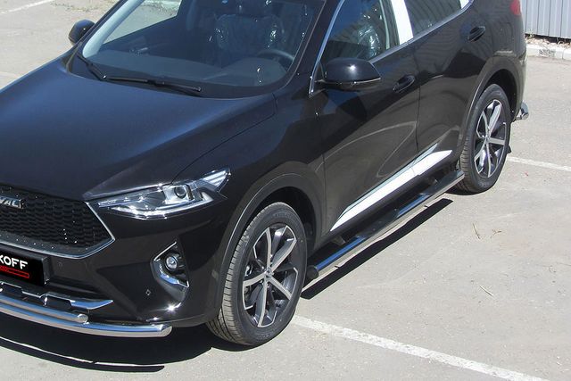 Защита порогов Slitkoff d76 с проступями для Haval F7 2019-2026. Артикул HavF7005