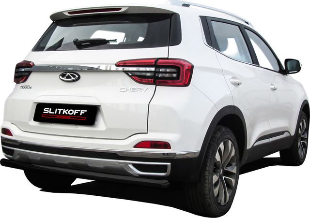 Защита Slitkoff заднего бампера d57 для Chery Tiggo 4 2017-2026 ЧЕРНАЯ матовая. Артикул CT4-006B
